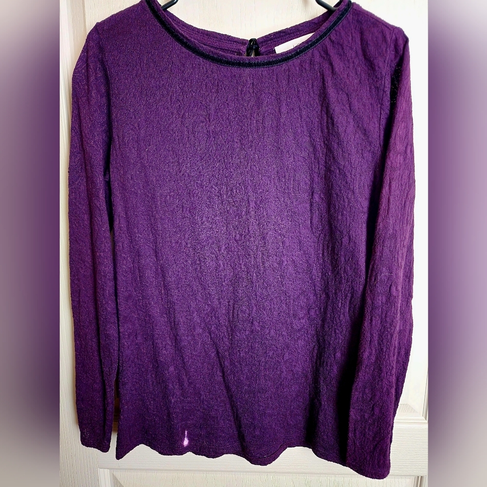 LOFT Women's Top Blouse Shirt Rich Purple Lace Black Velvet Trim Long Sleeve Med